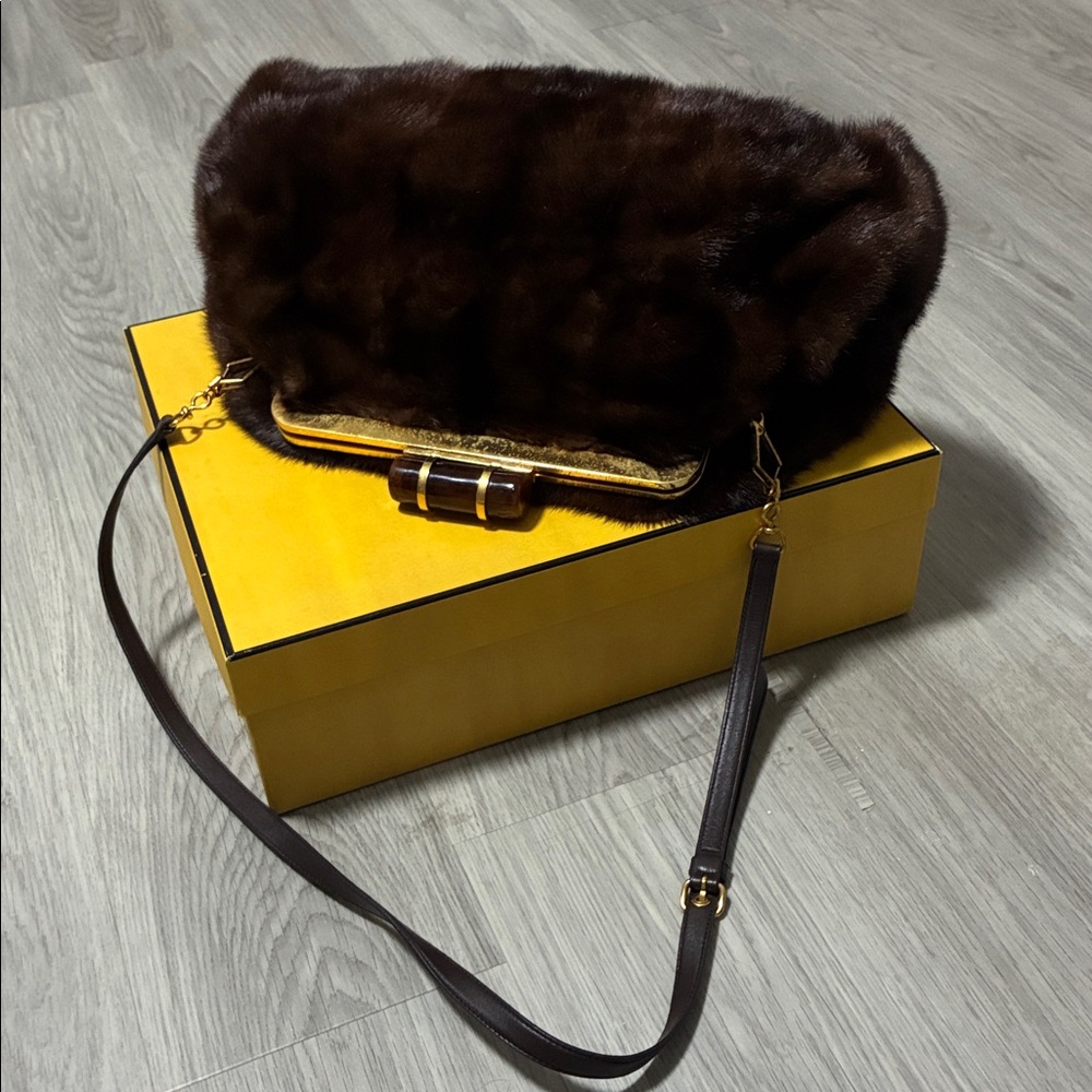 Miu Miu Brown Mink Fur Oversized Clutch with Gold Handle Accent & Brown Strap - Picture 8 of 14